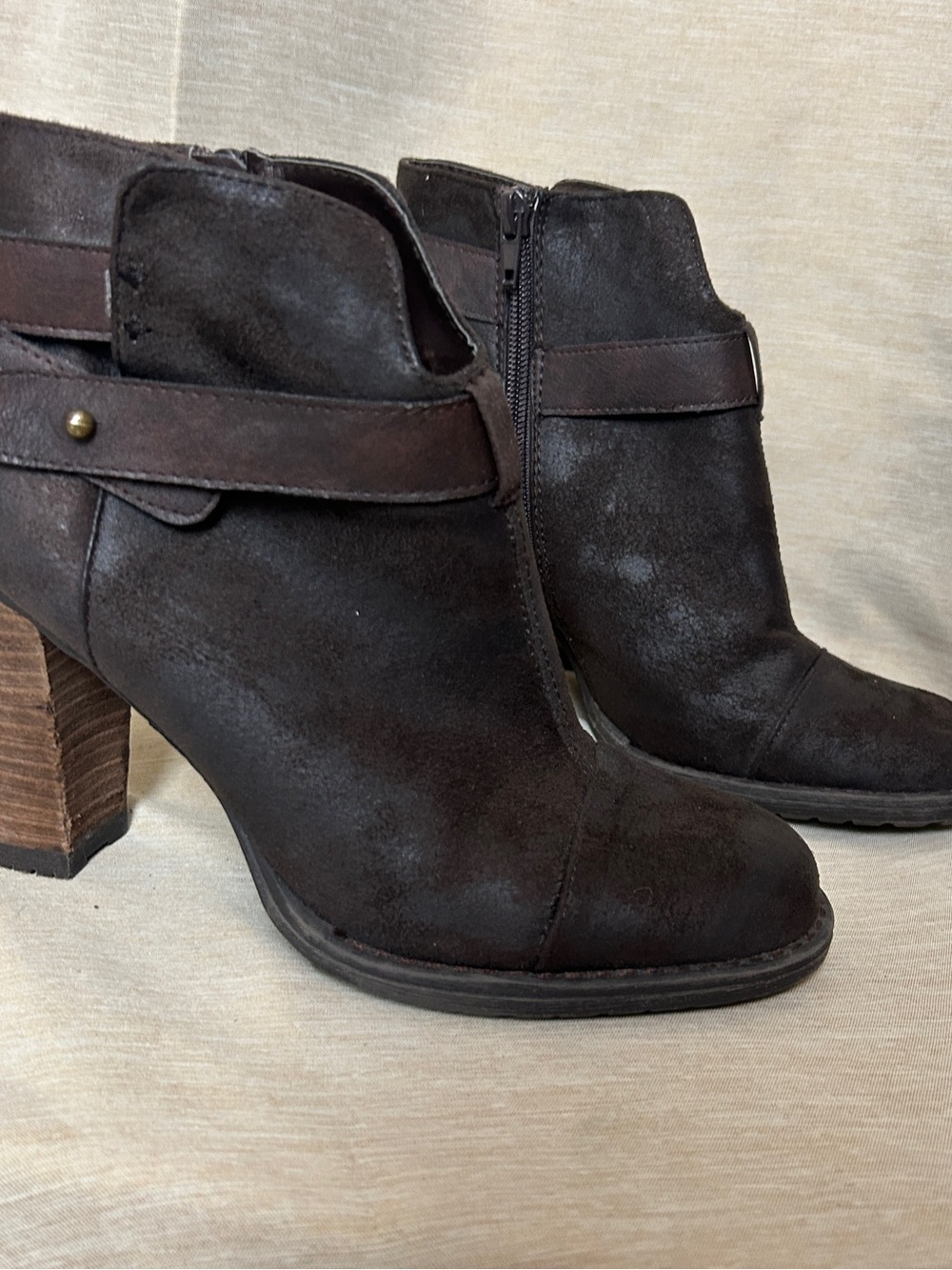 Women's Dark Brown Suede Ankle Booties with Stacked Heel.